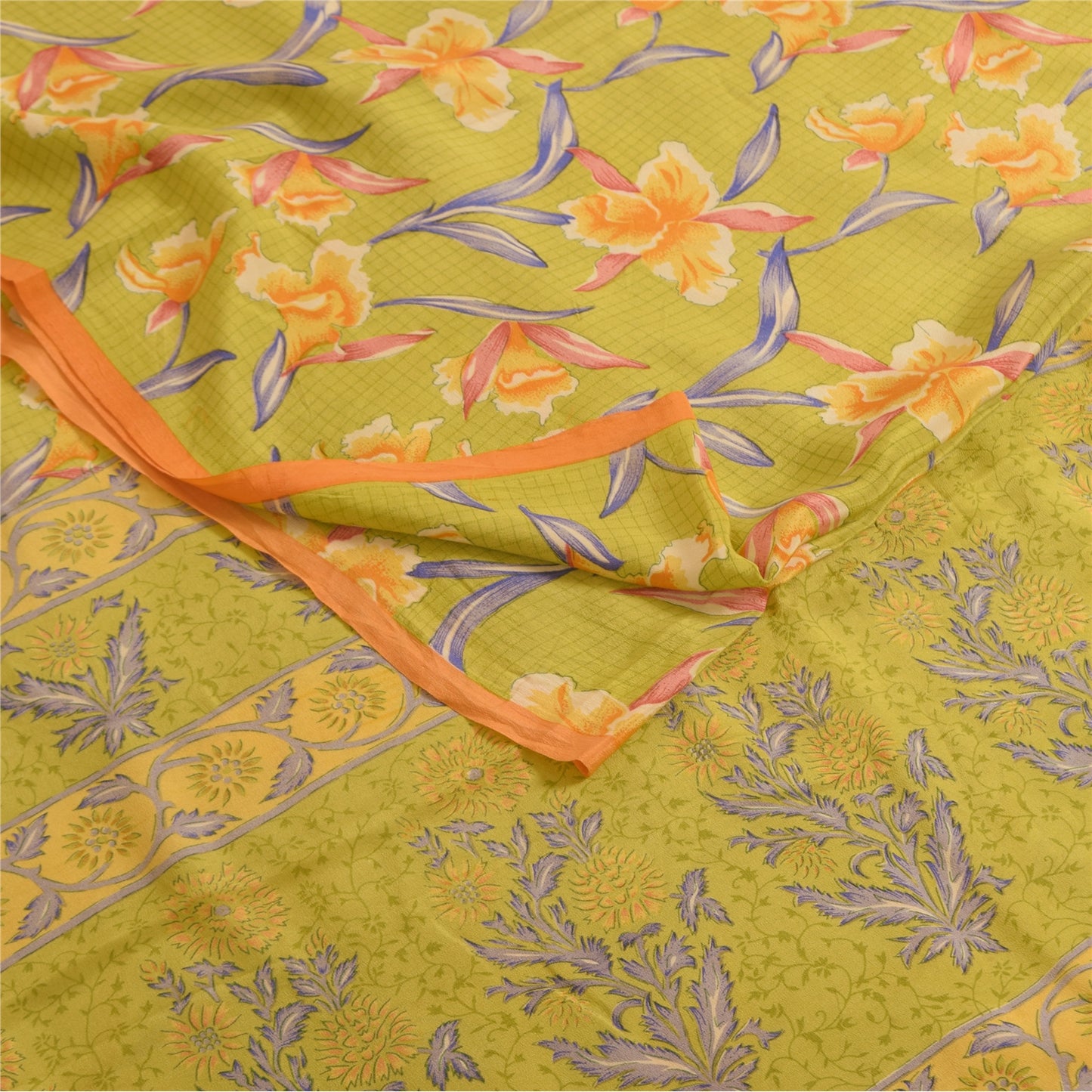 Sanskriti Vintage Sarees Green Pure Crepe Silk Printed Sari 5+yd Craft Fabric