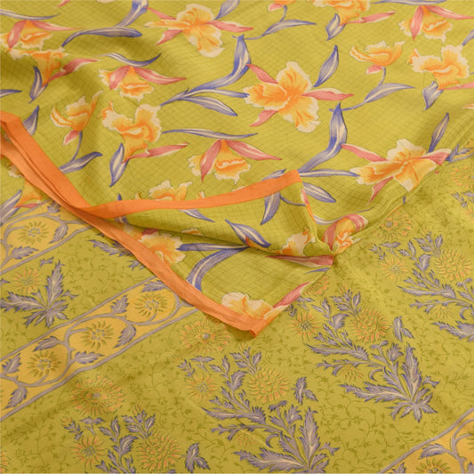 Sanskriti Vintage Sarees Green Pure Crepe Silk Printed Sari 5+yd Craft Fabric
