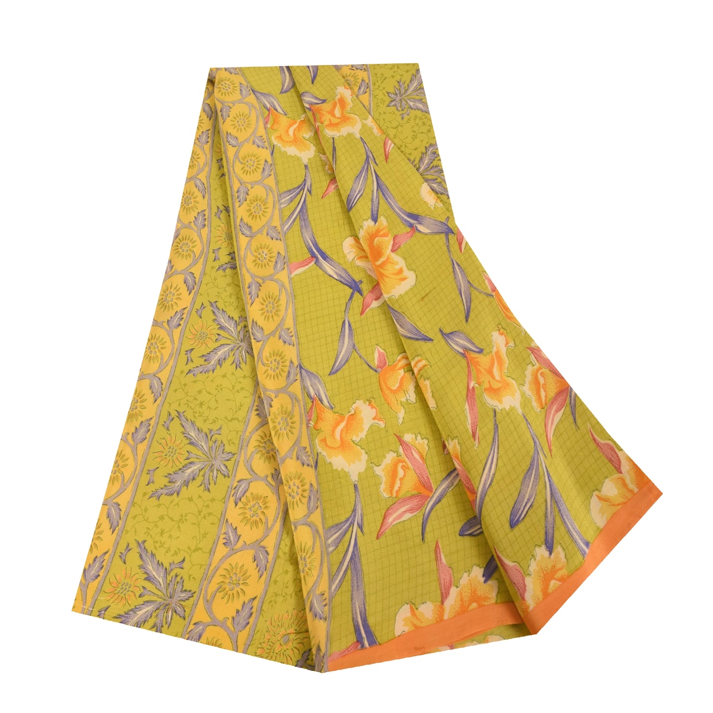 Sanskriti Vintage Sarees Green Pure Crepe Silk Printed Sari 5+yd Craft Fabric