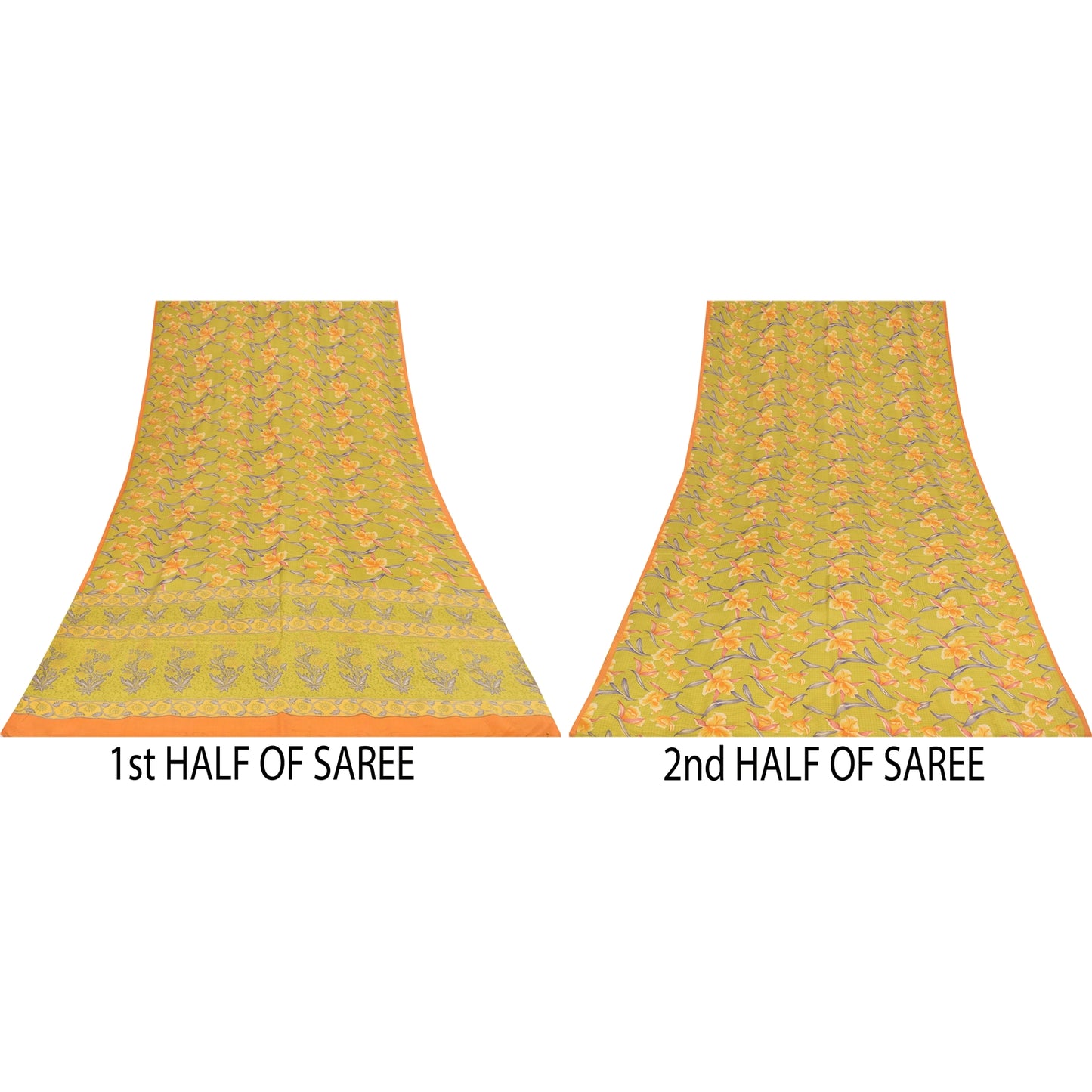 Sanskriti Vintage Sarees Green Pure Crepe Silk Printed Sari 5+yd Craft Fabric