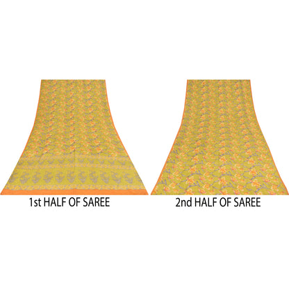 Sanskriti Vintage Sarees Green Pure Crepe Silk Printed Sari 5+yd Craft Fabric