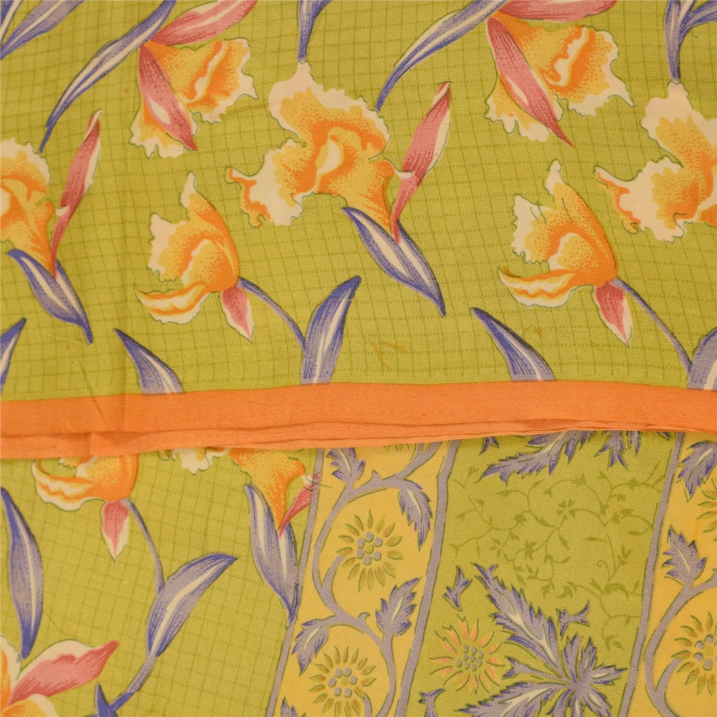 Sanskriti Vintage Sarees Green Pure Crepe Silk Printed Sari 5+yd Craft Fabric