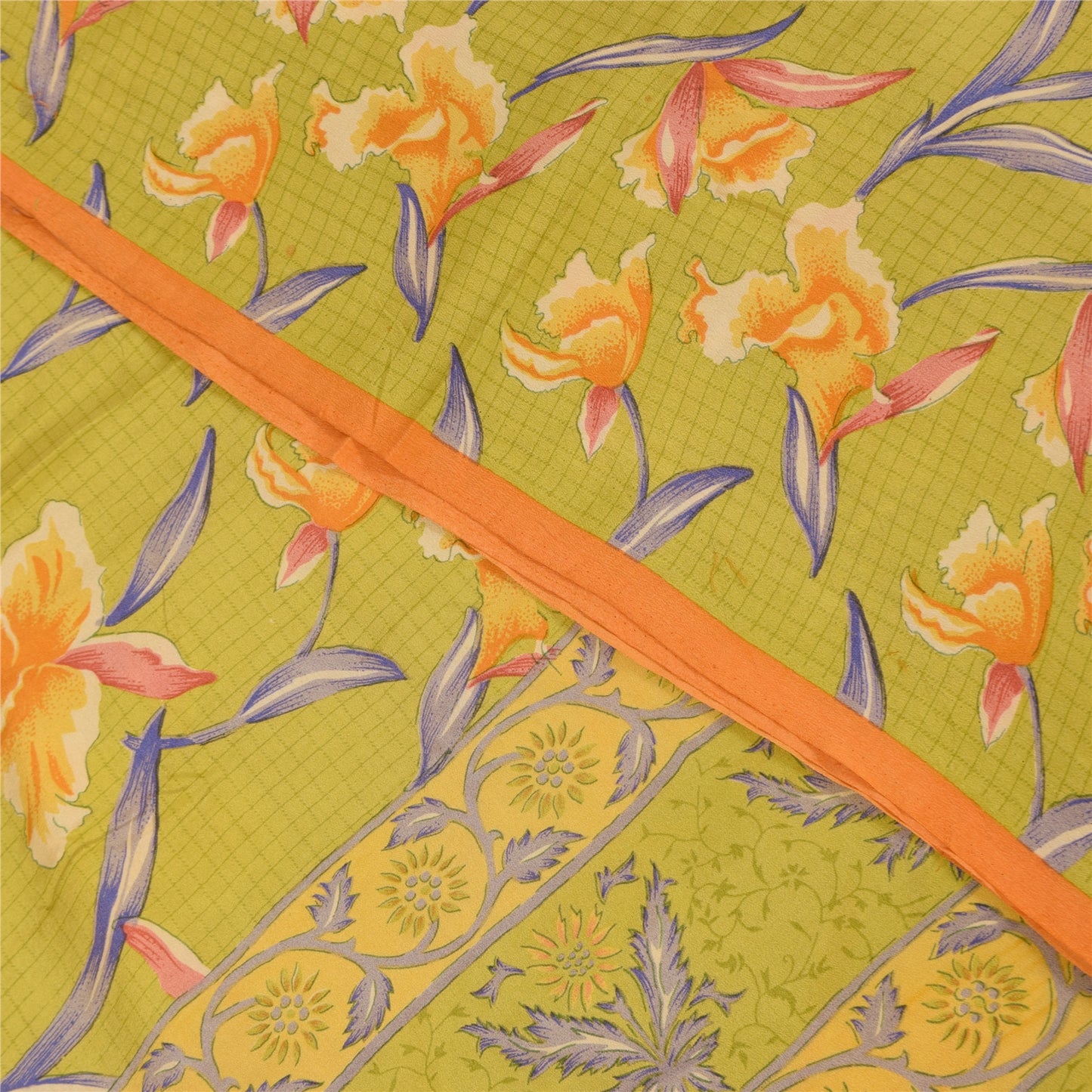 Sanskriti Vintage Sarees Green Pure Crepe Silk Printed Sari 5+yd Craft Fabric