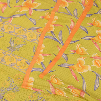 Sanskriti Vintage Sarees Green Pure Crepe Silk Printed Sari 5+yd Craft Fabric