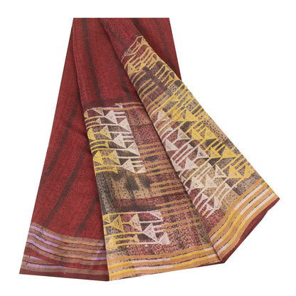 Sanskriti Vintage Sarees Red Pure Crepe Geometric Printed Sari 5+yd Craft Fabric