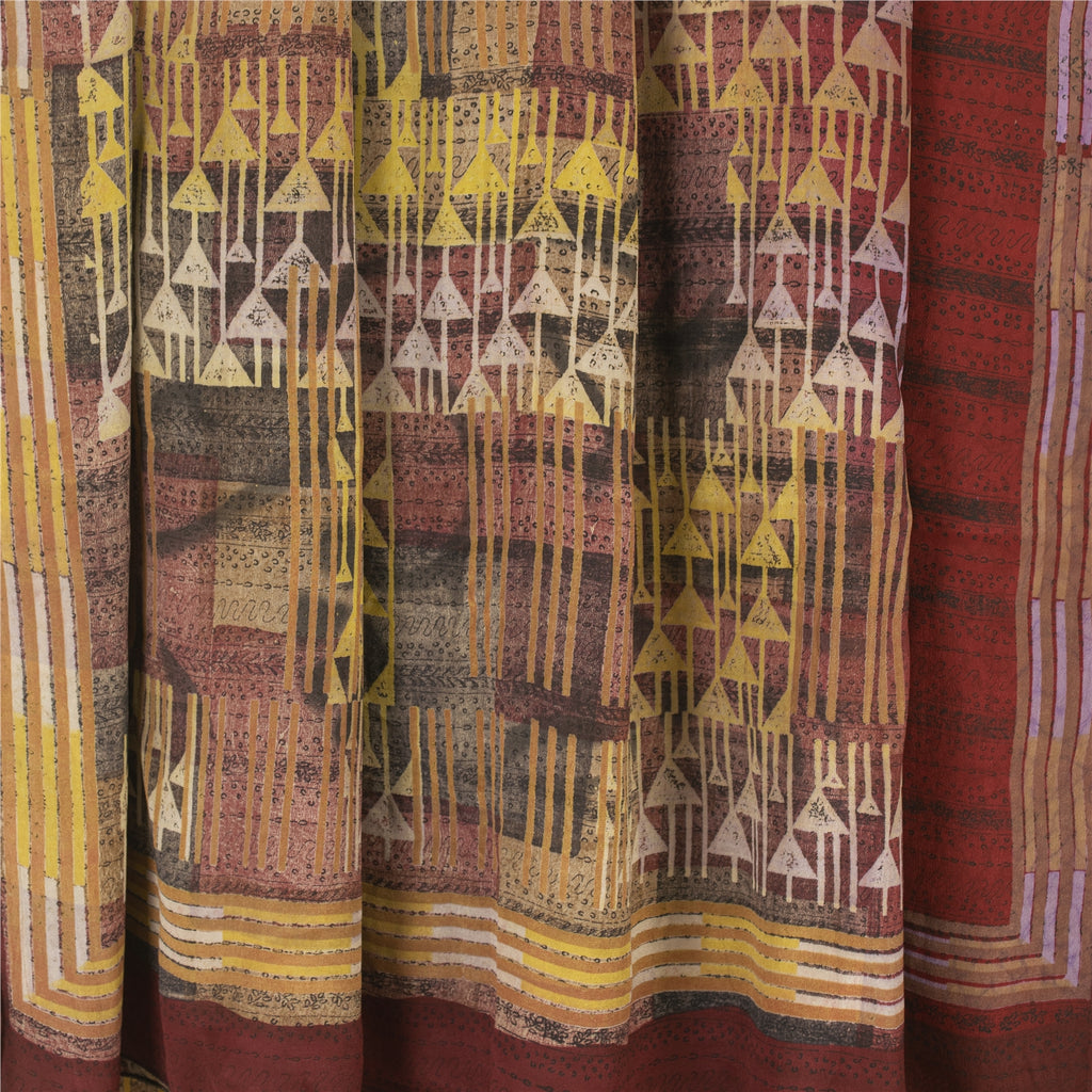 Sanskriti Vintage Sarees Red Pure Crepe Geometric Printed Sari 5+yd Craft Fabric