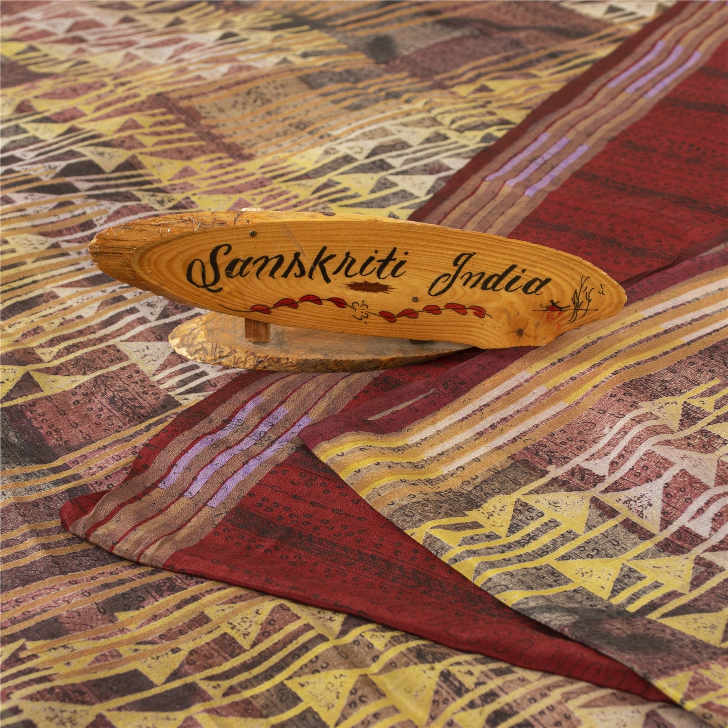 Sanskriti Vintage Sarees Red Pure Crepe Geometric Printed Sari 5+yd Craft Fabric