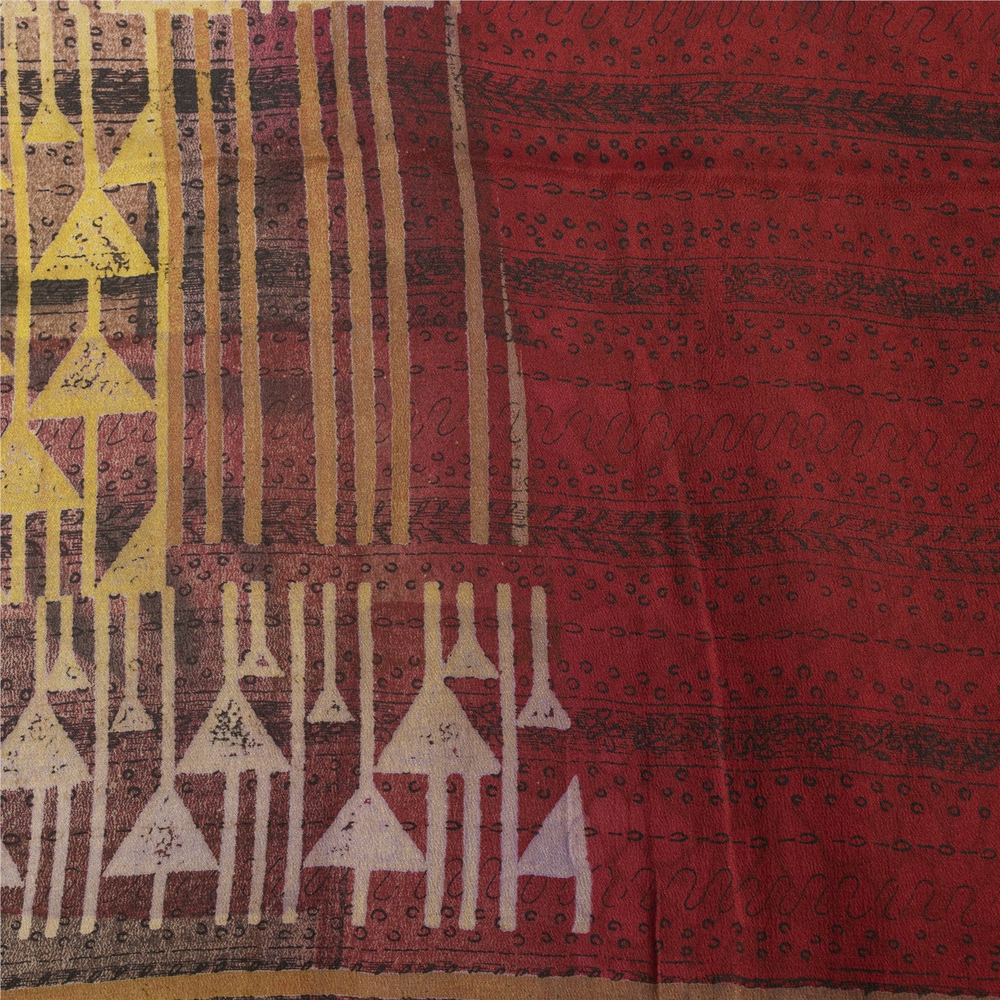 Sanskriti Vintage Sarees Red Pure Crepe Geometric Printed Sari 5+yd Craft Fabric