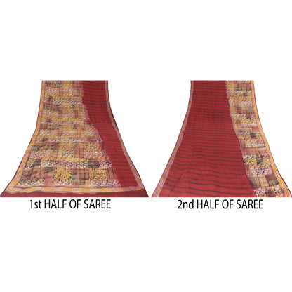 Sanskriti Vintage Sarees Red Pure Crepe Geometric Printed Sari 5+yd Craft Fabric