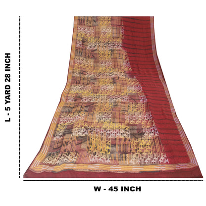 Sanskriti Vintage Sarees Red Pure Crepe Geometric Printed Sari 5+yd Craft Fabric