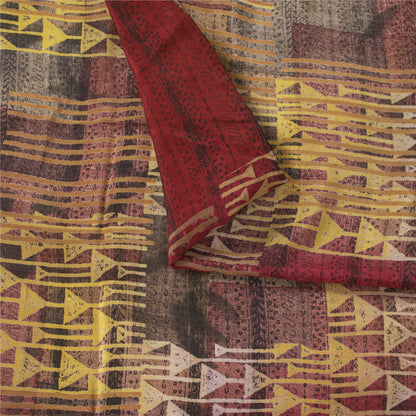 Sanskriti Vintage Sarees Red Pure Crepe Geometric Printed Sari 5+yd Craft Fabric