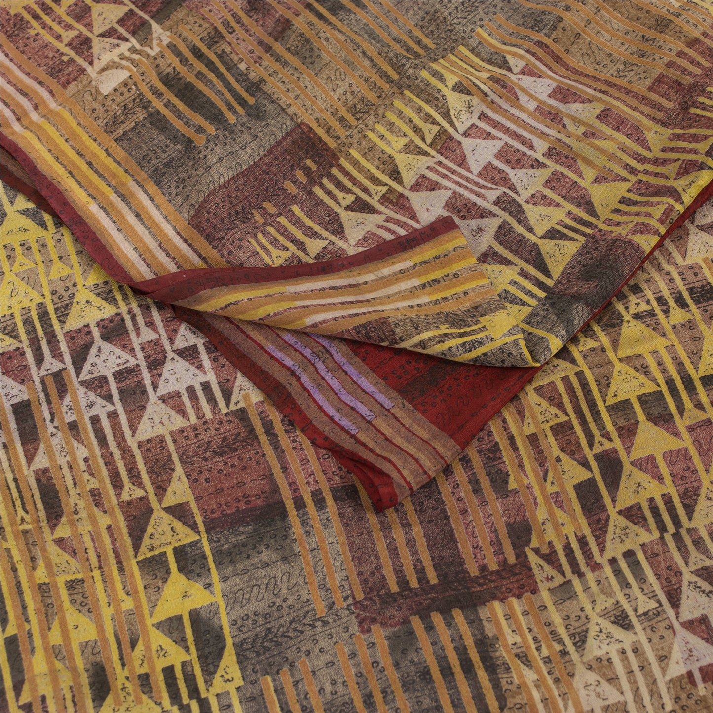 Sanskriti Vintage Sarees Red Pure Crepe Geometric Printed Sari 5+yd Craft Fabric