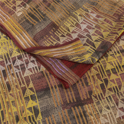 Sanskriti Vintage Sarees Red Pure Crepe Geometric Printed Sari 5+yd Craft Fabric