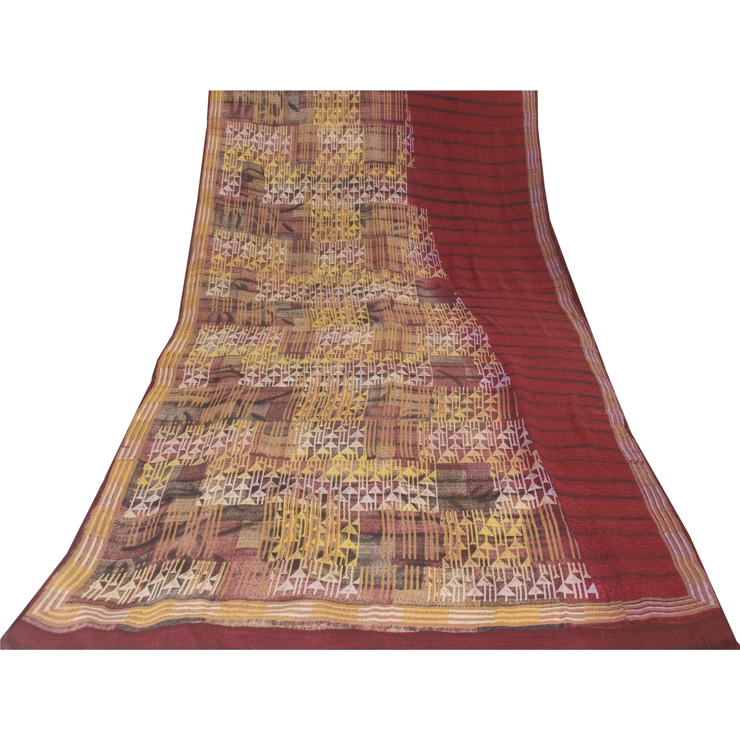 Sanskriti Vintage Sarees Red Pure Crepe Geometric Printed Sari 5+yd Craft Fabric