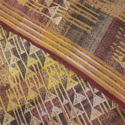 Sanskriti Vintage Sarees Red Pure Crepe Geometric Printed Sari 5+yd Craft Fabric