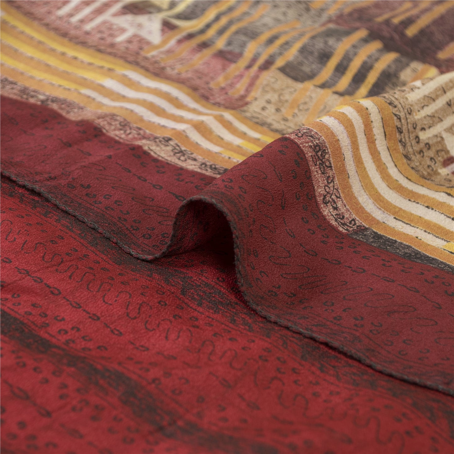 Sanskriti Vintage Sarees Red Pure Crepe Geometric Printed Sari 5+yd Craft Fabric