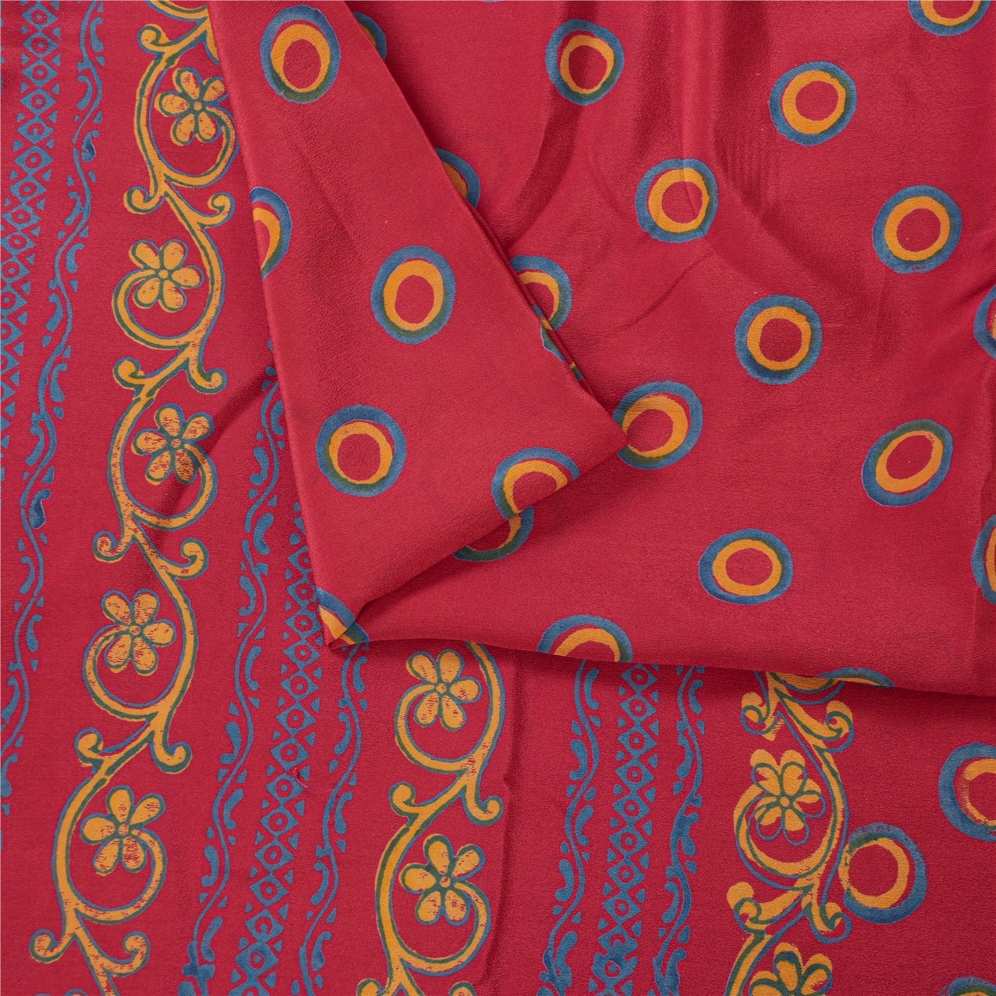 Sanskriti Vintage Sarees PinkPure Crepe Silk Circle Print Sari 6+yd Craft Fabric