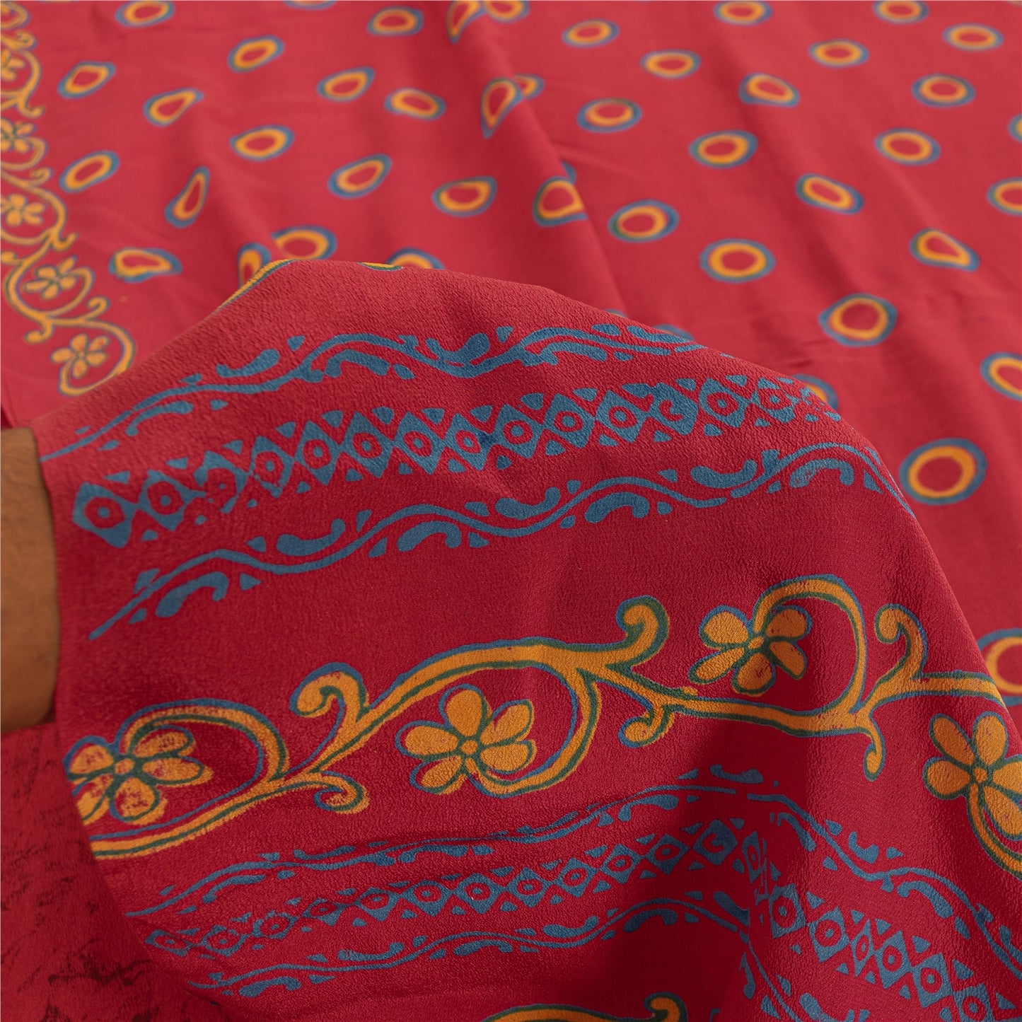 Sanskriti Vintage Sarees PinkPure Crepe Silk Circle Print Sari 6+yd Craft Fabric