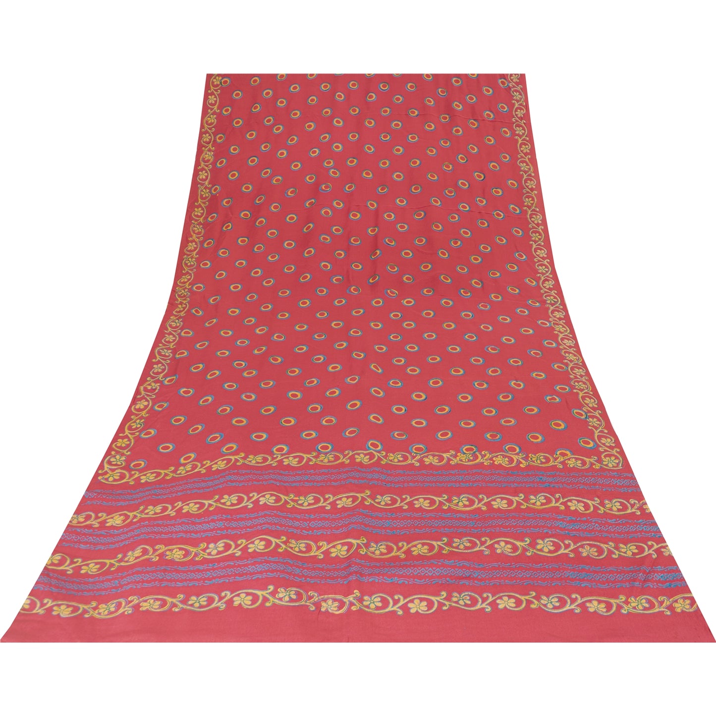 Sanskriti Vintage Sarees PinkPure Crepe Silk Circle Print Sari 6+yd Craft Fabric