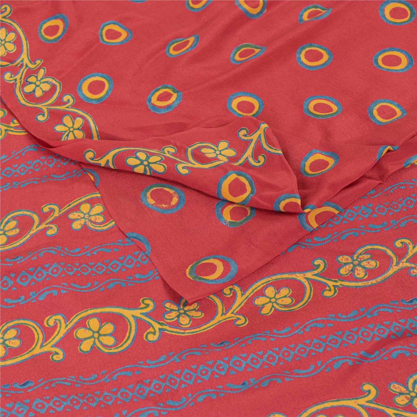 Sanskriti Vintage Sarees PinkPure Crepe Silk Circle Print Sari 6+yd Craft Fabric