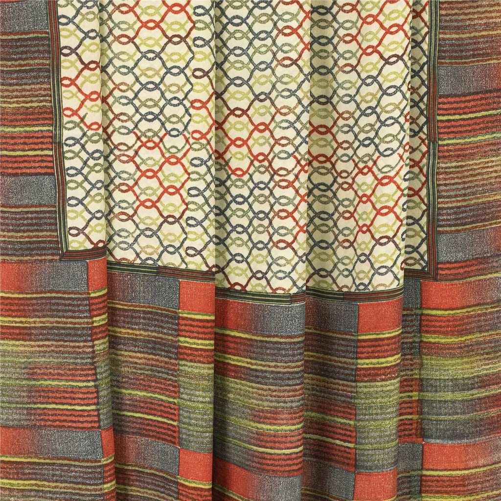 Sanskriti Vintage Sarees Ivory Pure Crepe Geometric Print Sari 5+yd Craft Fabric