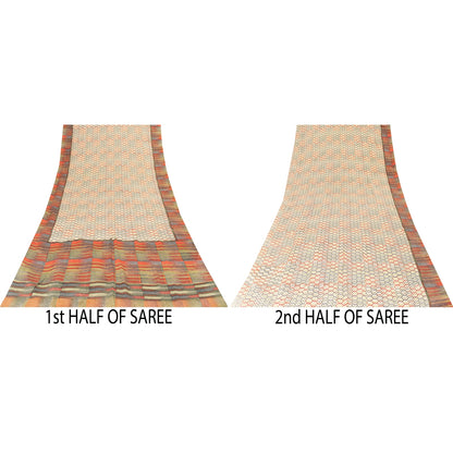 Sanskriti Vintage Sarees Ivory Pure Crepe Geometric Print Sari 5+yd Craft Fabric