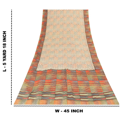 Sanskriti Vintage Sarees Ivory Pure Crepe Geometric Print Sari 5+yd Craft Fabric