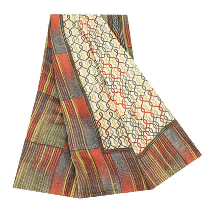 Sanskriti Vintage Sarees Ivory Pure Crepe Geometric Print Sari 5+yd Craft Fabric