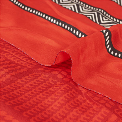 Sanskriti Vintage Sarees Red Pure Crepe Geometric Printed Sari 6+yd Craft Fabric
