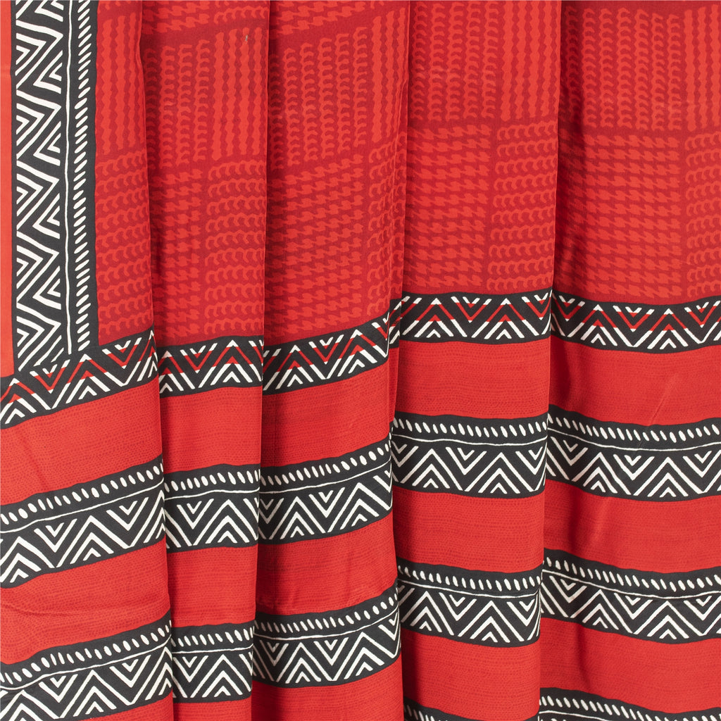 Sanskriti Vintage Sarees Red Pure Crepe Geometric Printed Sari 6+yd Craft Fabric
