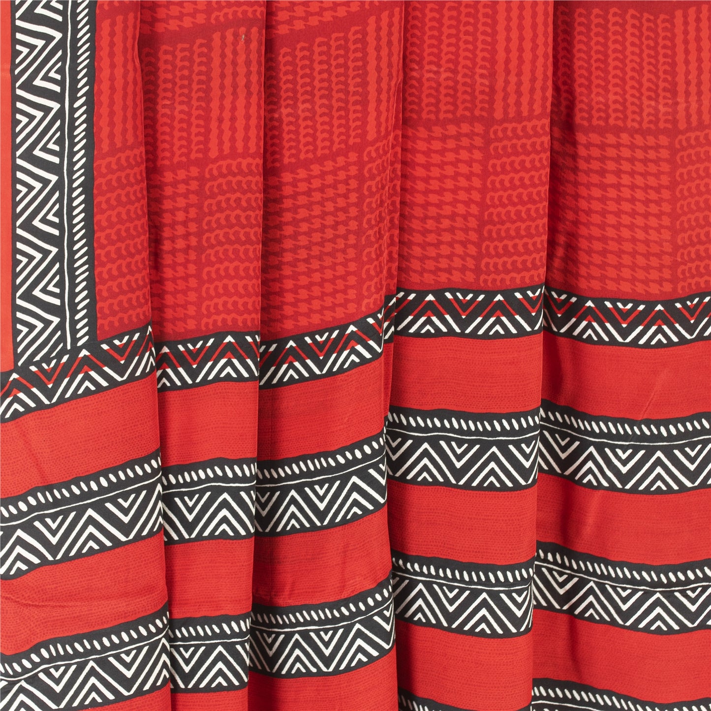 Sanskriti Vintage Sarees Red Pure Crepe Geometric Printed Sari 6+yd Craft Fabric