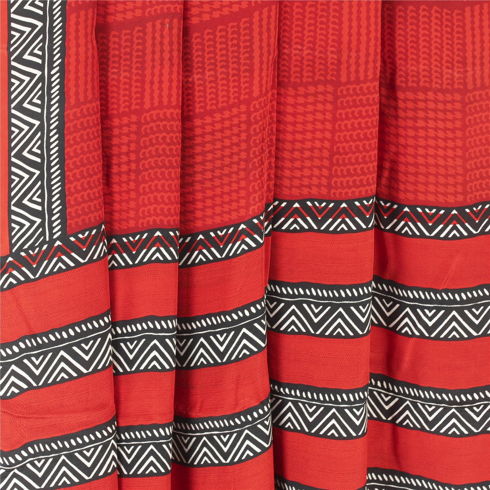 Sanskriti Vintage Red Pure Crepe Silk Sari Fabric: Geometric Printed, 6+ yd by For Crafters, Upcyclers, Indian Eco-Friendly Saree