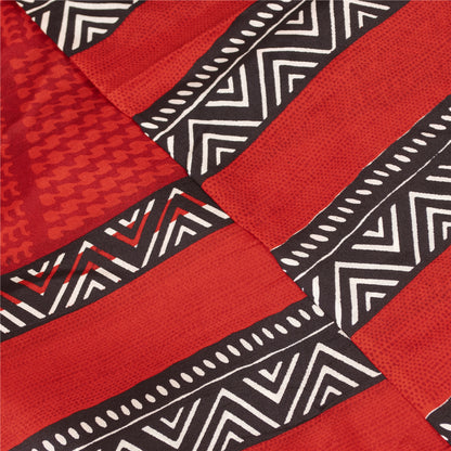 Sanskriti Vintage Sarees Red Pure Crepe Geometric Printed Sari 6+yd Craft Fabric