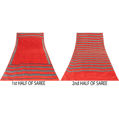 Sanskriti Vintage Sarees Red Pure Crepe Geometric Printed Sari 6+yd Craft Fabric