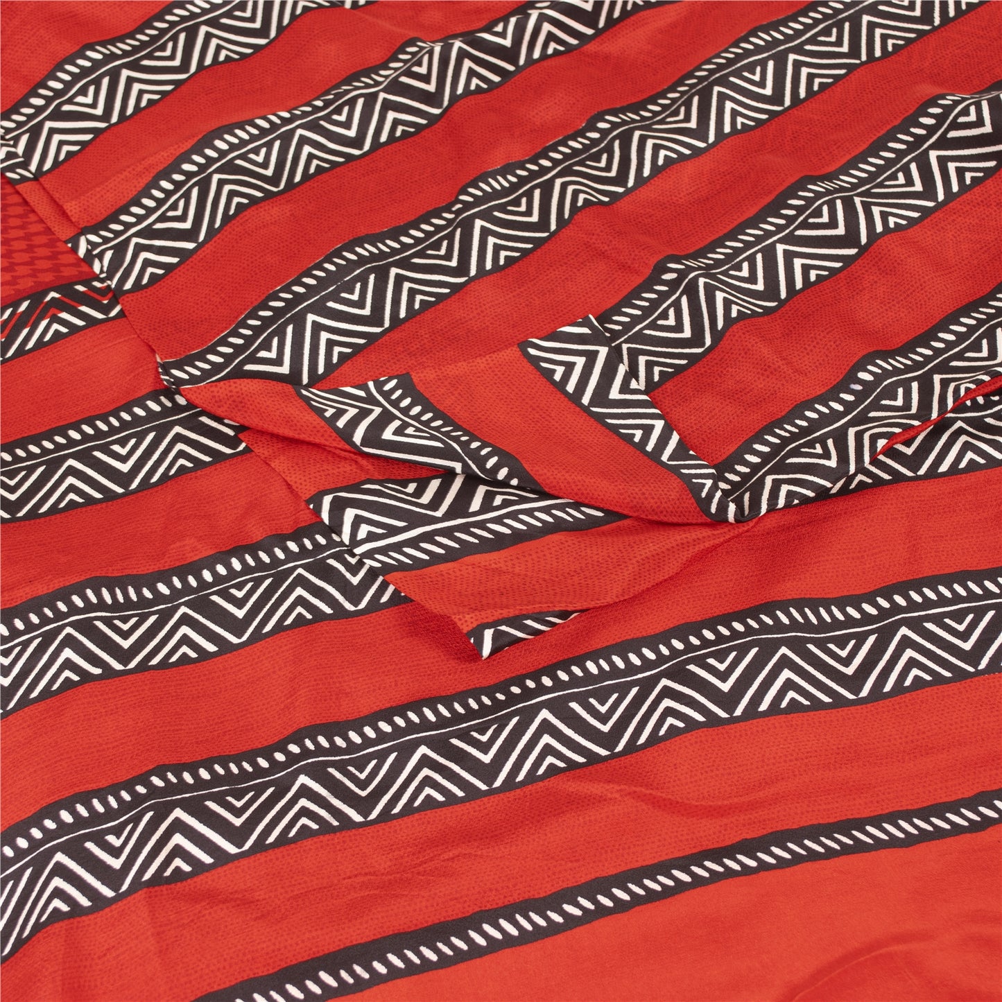 Sanskriti Vintage Sarees Red Pure Crepe Geometric Printed Sari 6+yd Craft Fabric