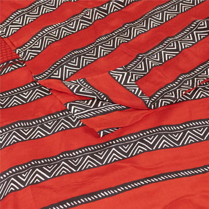 Sanskriti Vintage Sarees Red Pure Crepe Geometric Printed Sari 6+yd Craft Fabric