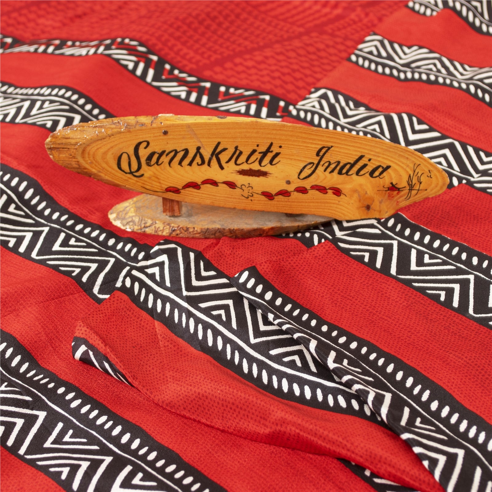 Sanskriti Vintage Red Pure Crepe Silk Sari Fabric: Geometric Printed, 6+ yd by For Crafters, Upcyclers, Indian Eco-Friendly Saree