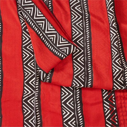Sanskriti Vintage Sarees Red Pure Crepe Geometric Printed Sari 6+yd Craft Fabric