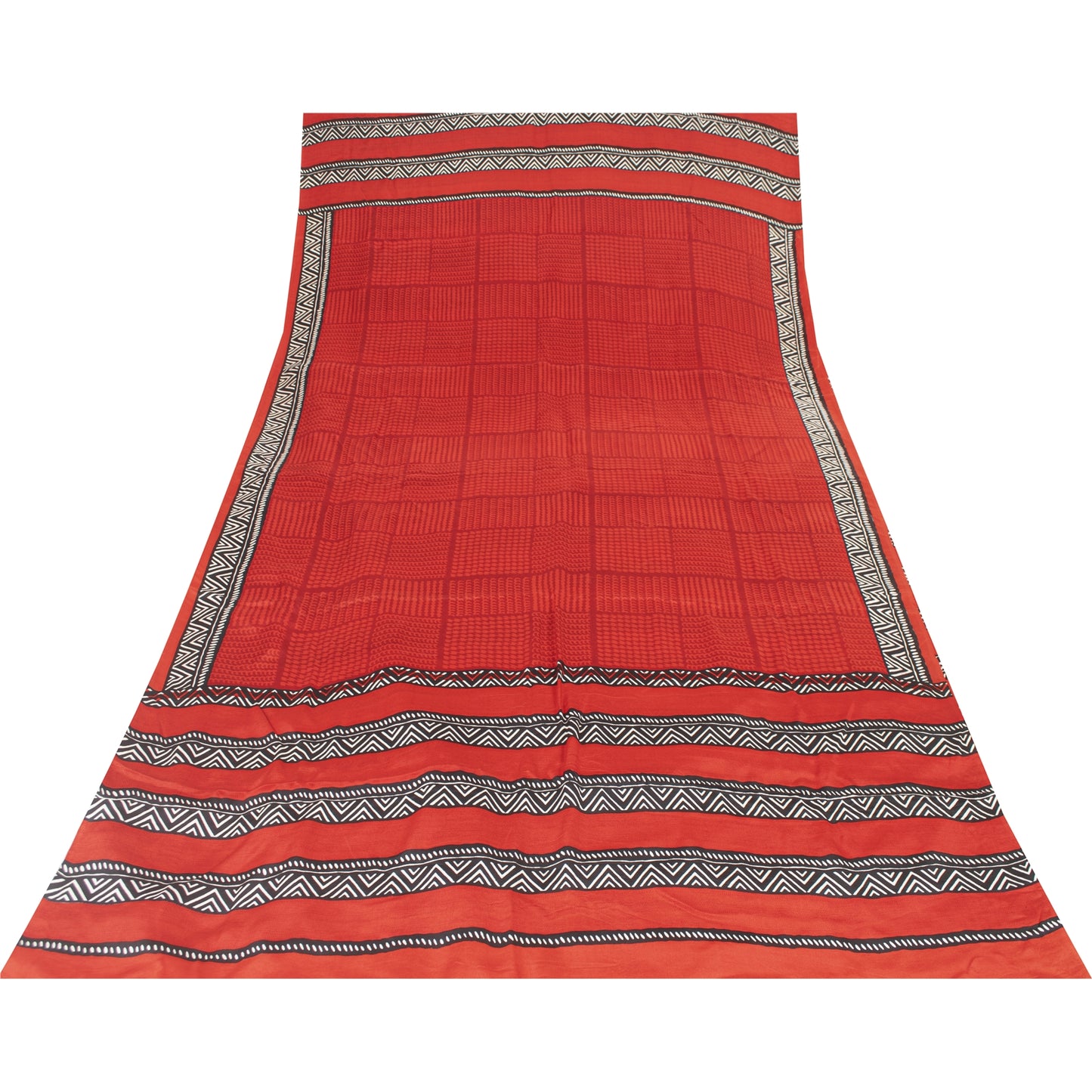 Sanskriti Vintage Sarees Red Pure Crepe Geometric Printed Sari 6+yd Craft Fabric