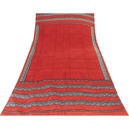 Sanskriti Vintage Sarees Red Pure Crepe Geometric Printed Sari 6+yd Craft Fabric