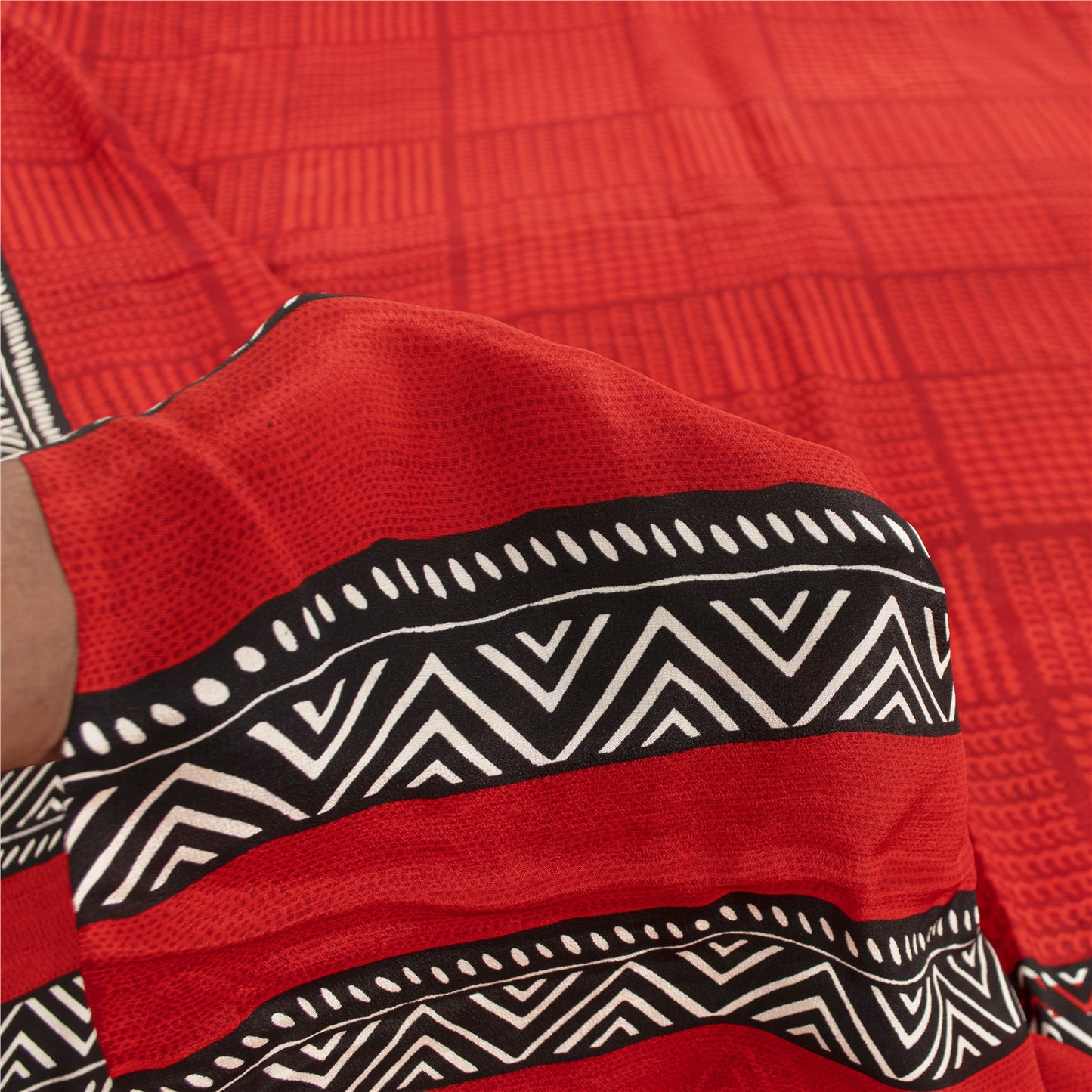 Sanskriti Vintage Sarees Red Pure Crepe Geometric Printed Sari 6+yd Craft Fabric