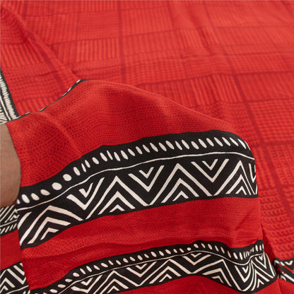 Sanskriti Vintage Sarees Red Pure Crepe Geometric Printed Sari 6+yd Craft Fabric