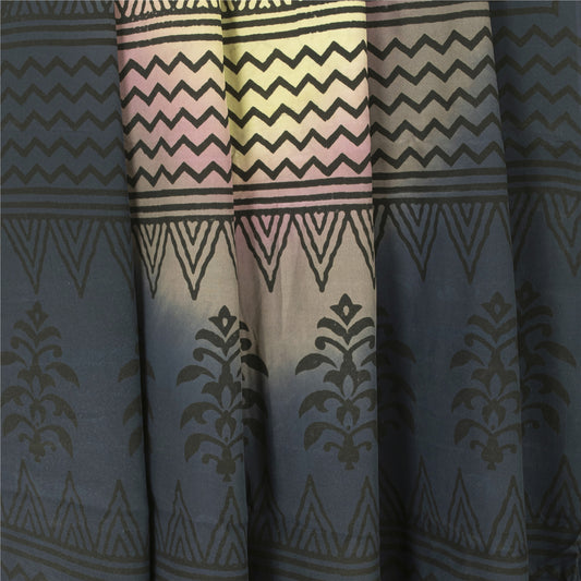 Sanskriti Vintage Sarees Multicolor Pure Crepe Silk Print Sari 5+yd Craft Fabric