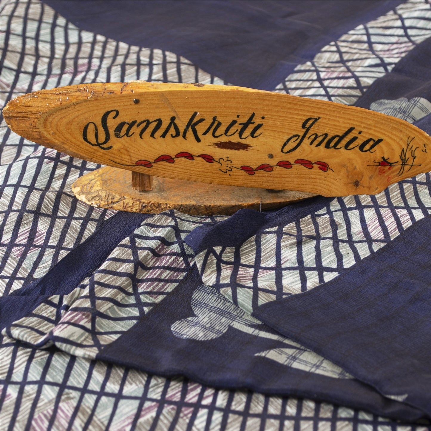 Sanskriti Vintage Sarees Blue Pure Crepe Lines & Floral Printed Sari 5+yd Fabric