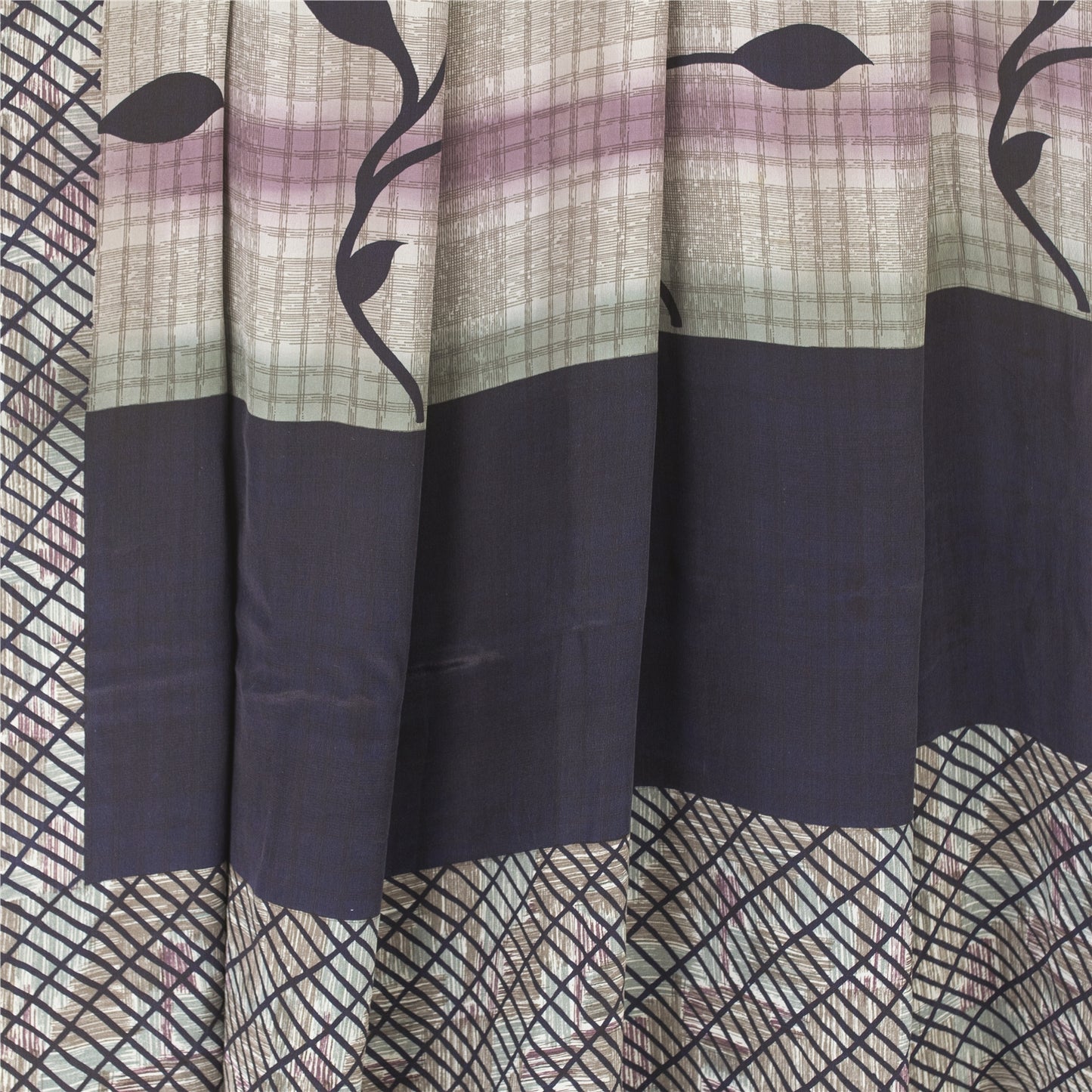 Sanskriti Vintage Sarees Blue Pure Crepe Lines & Floral Printed Sari 5+yd Fabric