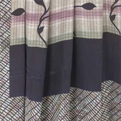 Sanskriti Vintage Sarees Blue Pure Crepe Lines & Floral Printed Sari 5+yd Fabric