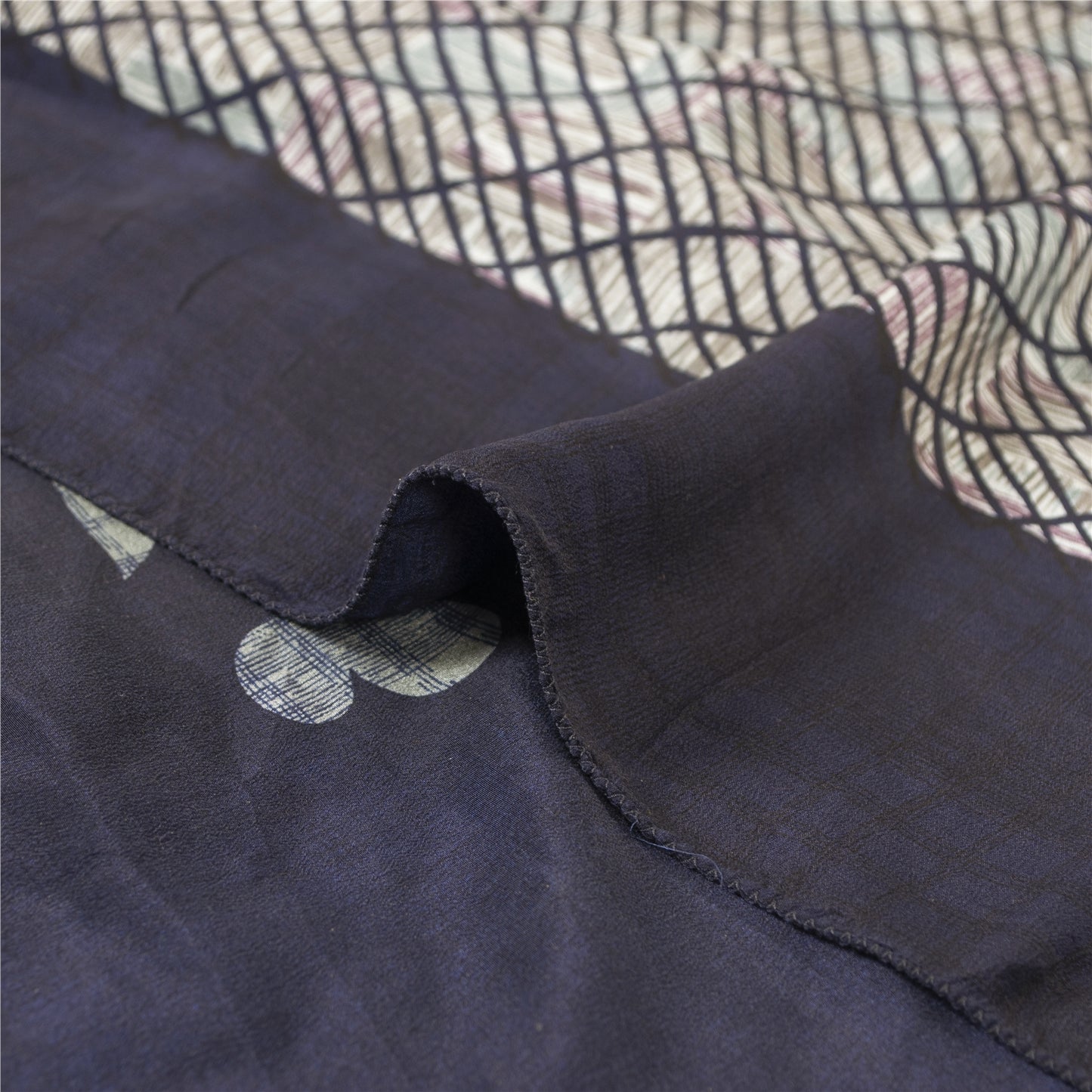 Sanskriti Vintage Sarees Blue Pure Crepe Lines & Floral Printed Sari 5+yd Fabric