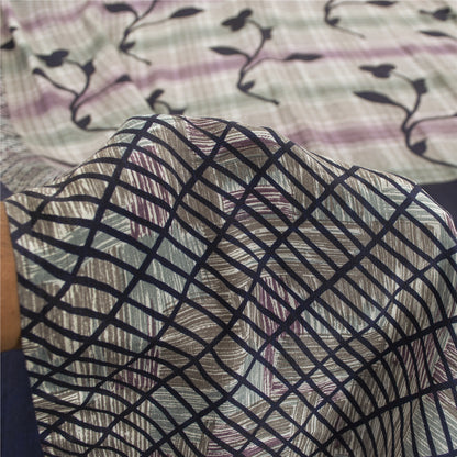 Sanskriti Vintage Sarees Blue Pure Crepe Lines & Floral Printed Sari 5+yd Fabric