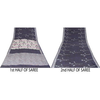 Sanskriti Vintage Sarees Blue Pure Crepe Lines & Floral Printed Sari 5+yd Fabric