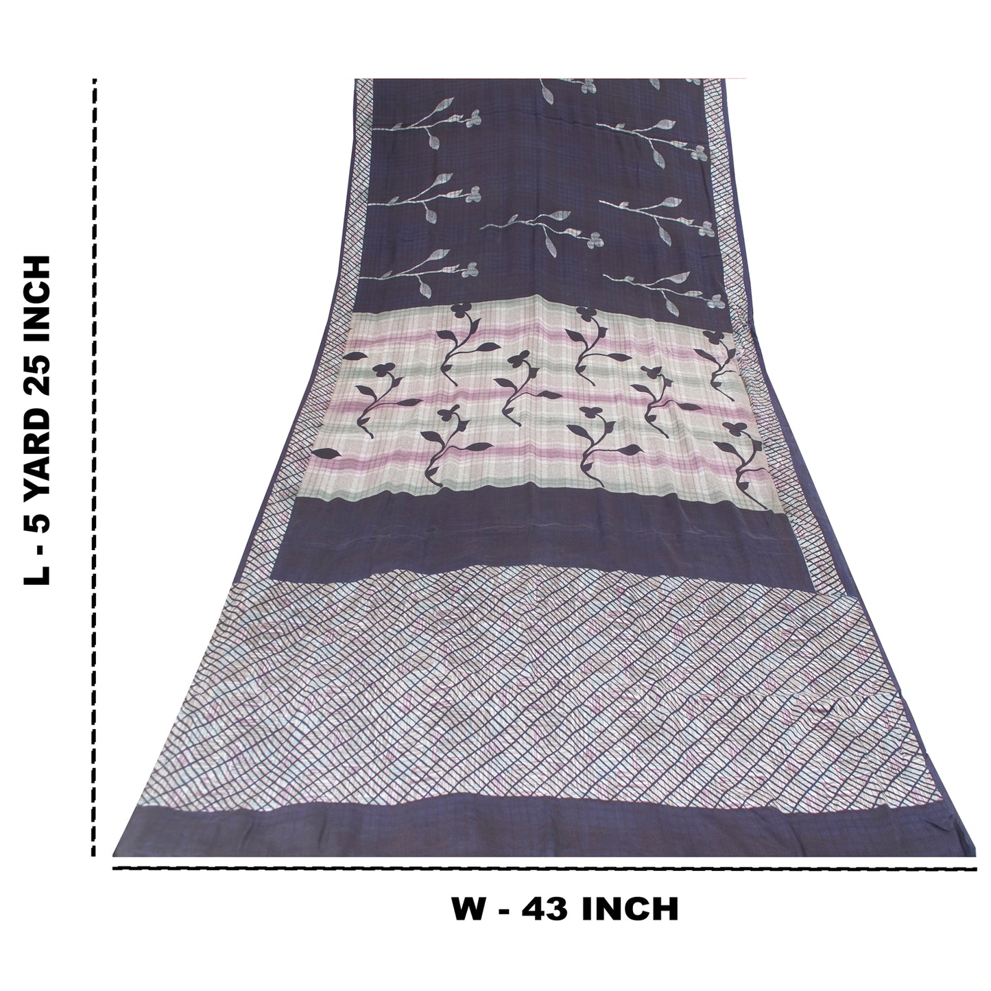 Sanskriti Vintage Sarees Blue Pure Crepe Lines & Floral Printed Sari 5+yd Fabric